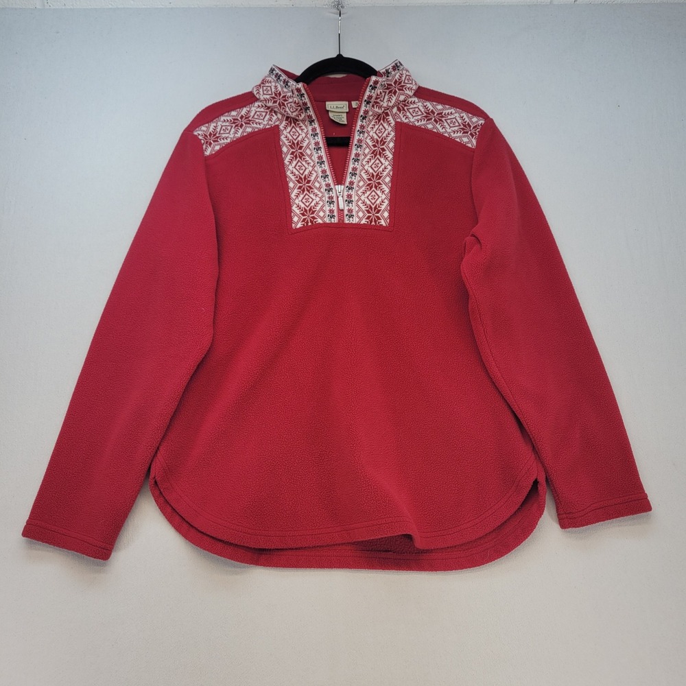 L.L. Bean Fleece Pullover Womens Medium Red Fair Isle Snowflake Quarter Zip Top